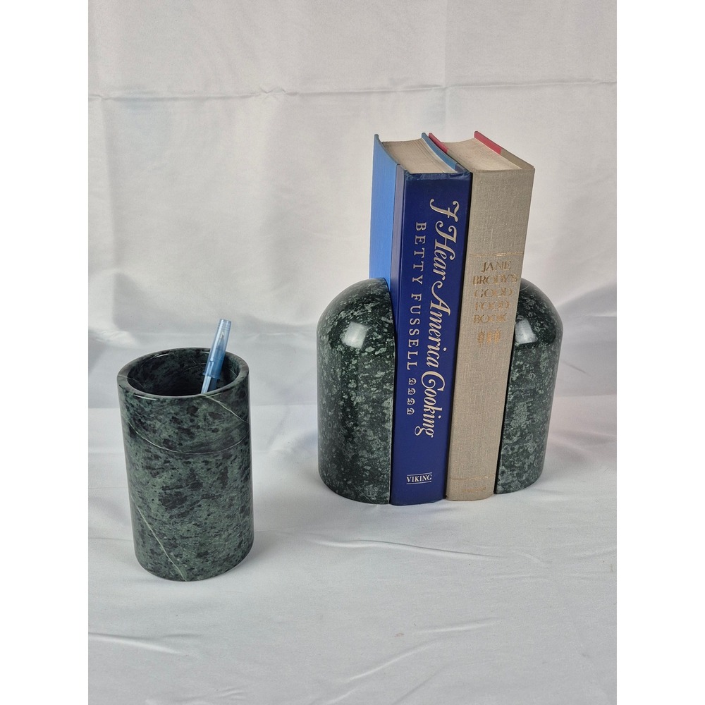 Vintage Pier 1 Green Stone Bookends w/ Vintage Marble Pencil Holder Desk Set Lot